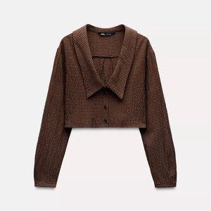 Zara Plaid Peter Pan Collar Cropped Shirt